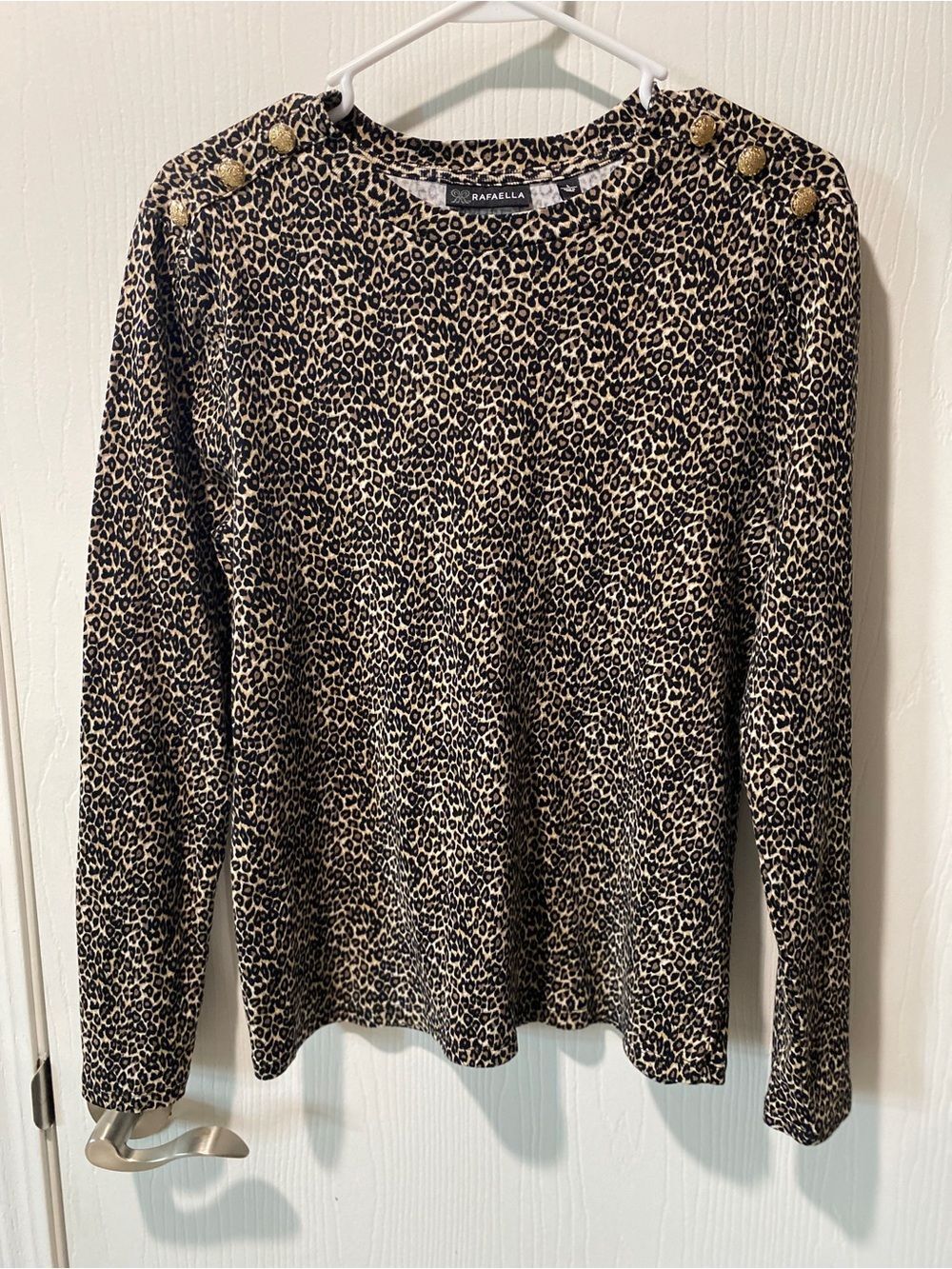Rafaella Leopard Print Long-Sleeve Top with Gold Buttons - Beige/Black